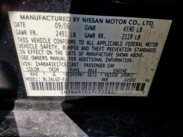 1N4BA41E17C821887 - 2007 NISSAN MAXIMA SE BLACK photo 10