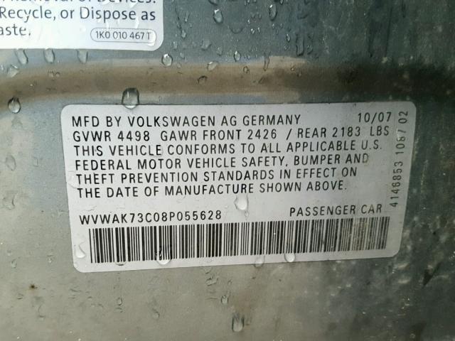 WVWAK73C08P055628 - 2008 VOLKSWAGEN PASSAT KOM GRAY photo 10