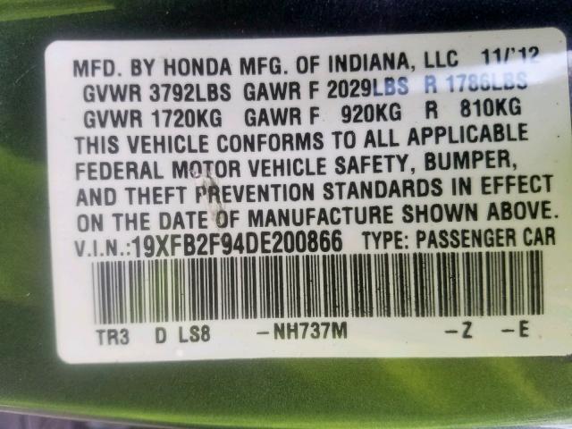 19XFB2F94DE200866 - 2013 HONDA CIVIC EXL 灰色 照片 10