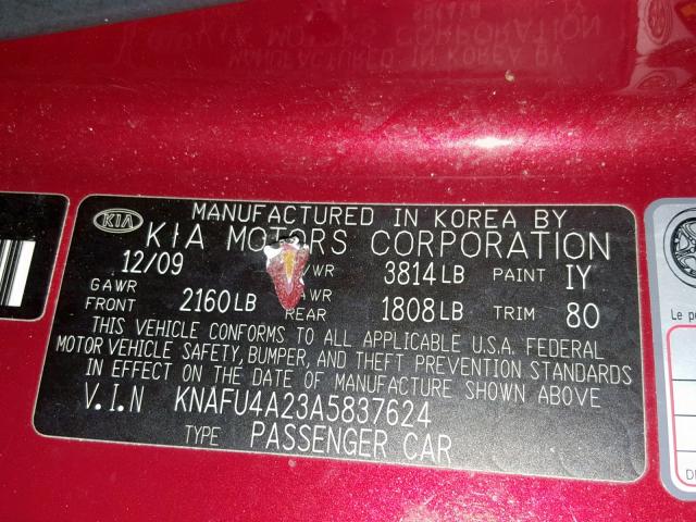 KNAFU4A23A5837624 - 2010 KIA FORTE EX RED photo 10