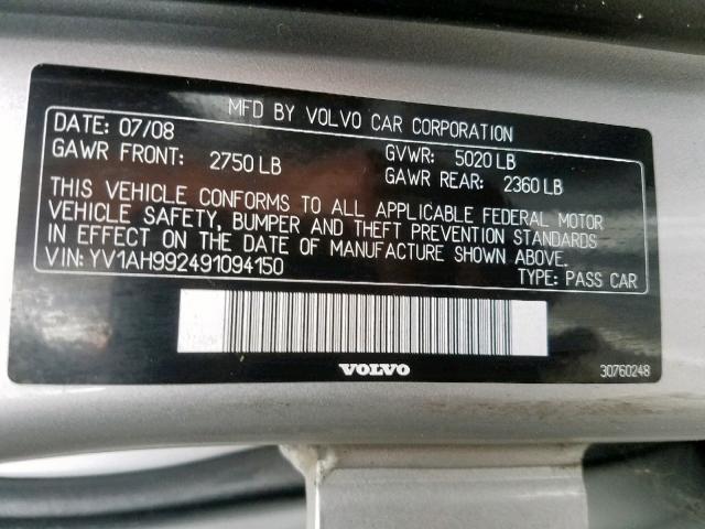 YV1AH992491094150 - 2009 VOLVO S80 T6 SILVER photo 10