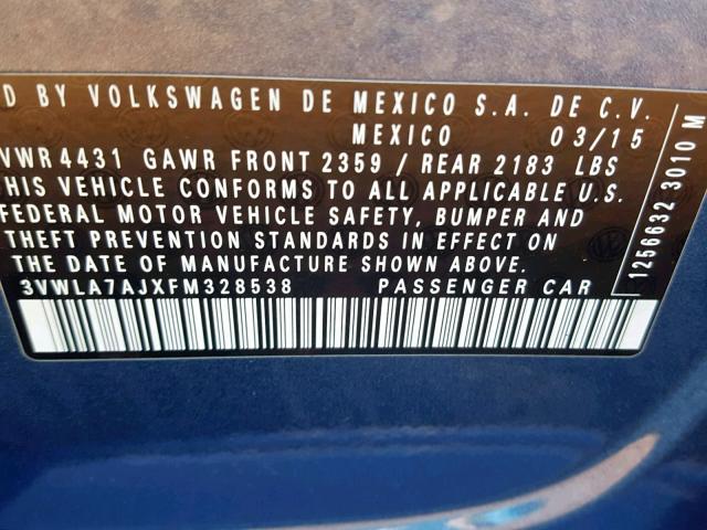 3VWLA7AJXFM328538 - 2015 VOLKSWAGEN JETTA TDI BLUE photo 10