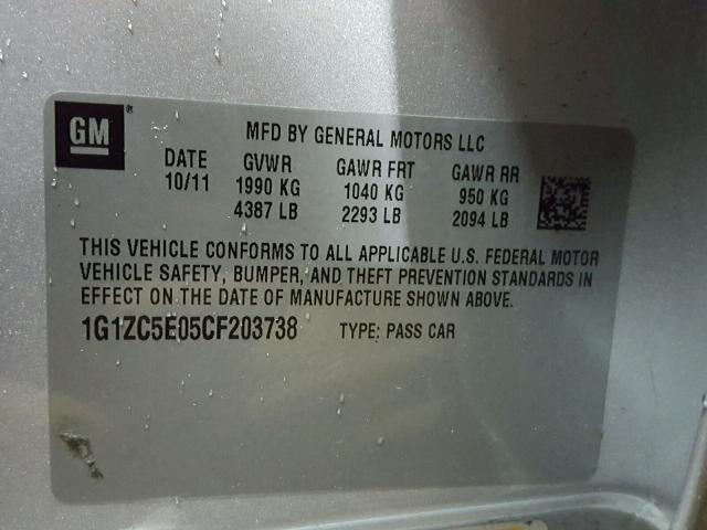 1G1ZC5E05CF203738 - 2012 CHEVROLET MALIBU 1LT SILVER photo 10