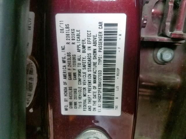 1HGCP2F83BA137093 - 2011 HONDA ACCORD EXL RED photo 10