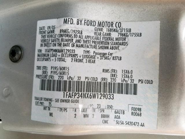 1FAFP34NX6W129033 - 2006 FORD FOCUS ZX4 GRAY photo 10