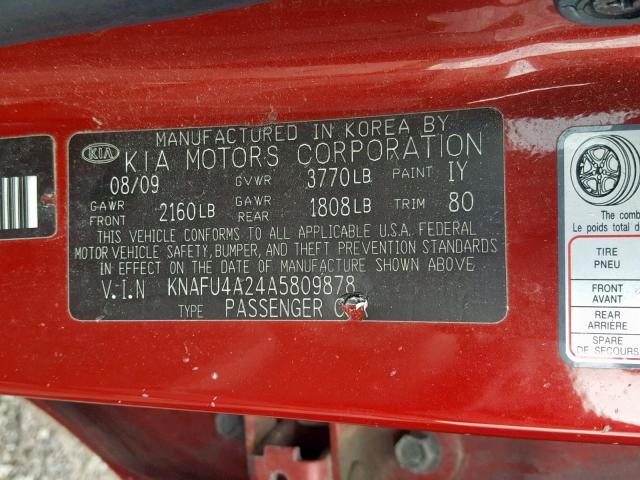 KNAFU4A24A5809878 - 2010 KIA FORTE EX RED photo 10