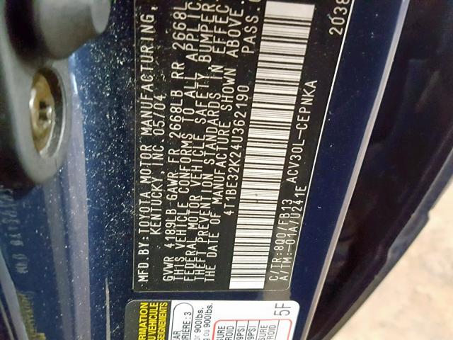 4T1BE32K24U362190 - 2004 TOYOTA CAMRY LE BLUE photo 10