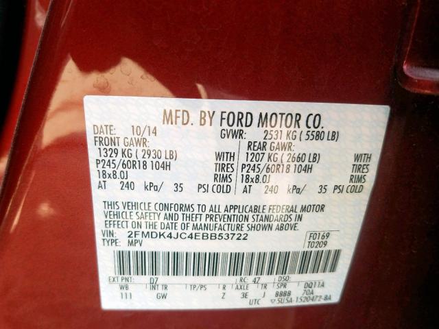 2FMDK4JC4EBB53722 - 2014 FORD EDGE SEL RED photo 10