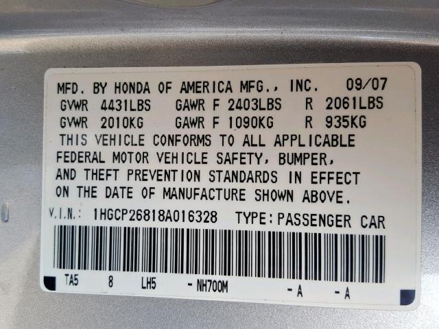 1HGCP26818A016328 - 2008 HONDA ACCORD EXL SILVER photo 10