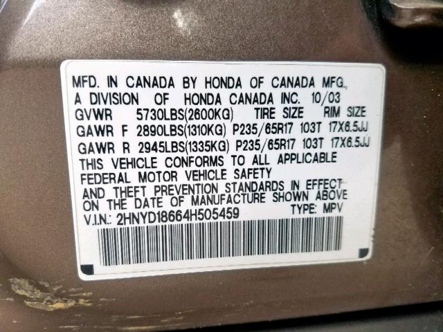 2HNYD18664H505459 - 2004 ACURA MDX TOURIN BROWN photo 10