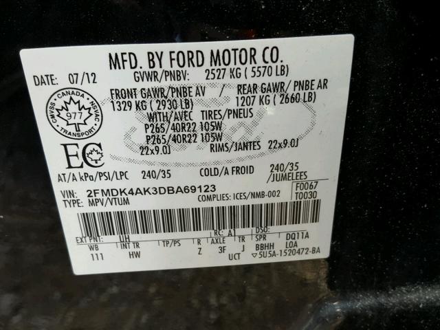 2FMDK4AK3DBA69123 - 2013 FORD EDGE SPORT BLACK photo 10