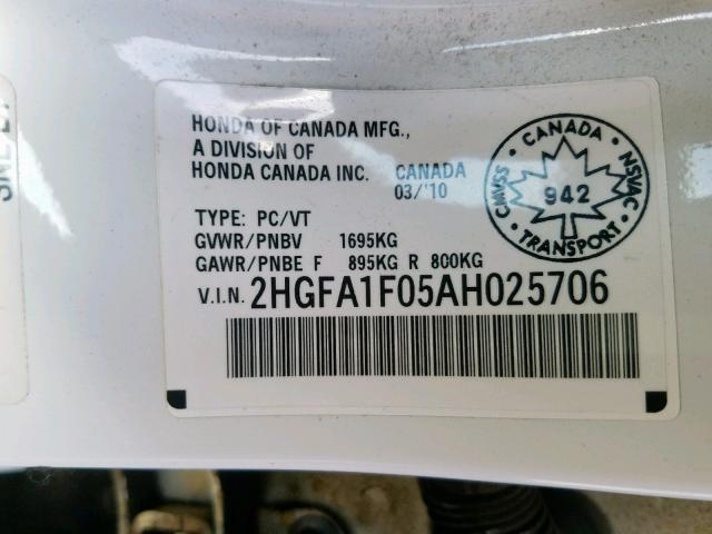 2HGFA1F05AH025706 - 2010 HONDA CIVIC EXL 白色 照片 10