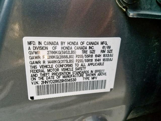 2HNYD28629H514530 - 2009 ACURA MDX TECHNO Grafito foto 10