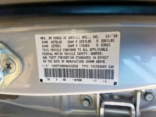 1HGCP36899A033529 - 2009 HONDA ACCORD EXL SILVER photo 10