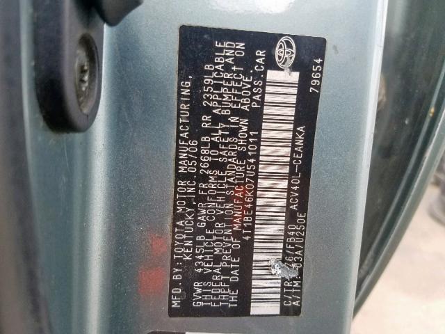 4T1BE46K07U541011 - 2007 TOYOTA CAMRY CE GREEN photo 10