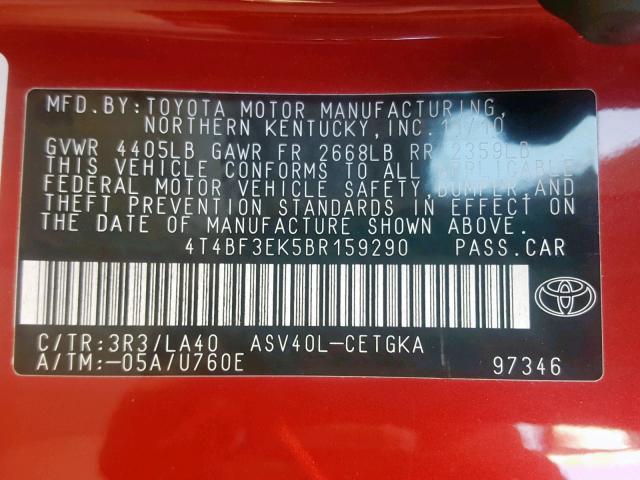 4T4BF3EK5BR159290 - 2011 TOYOTA CAMRY BASE RED photo 10