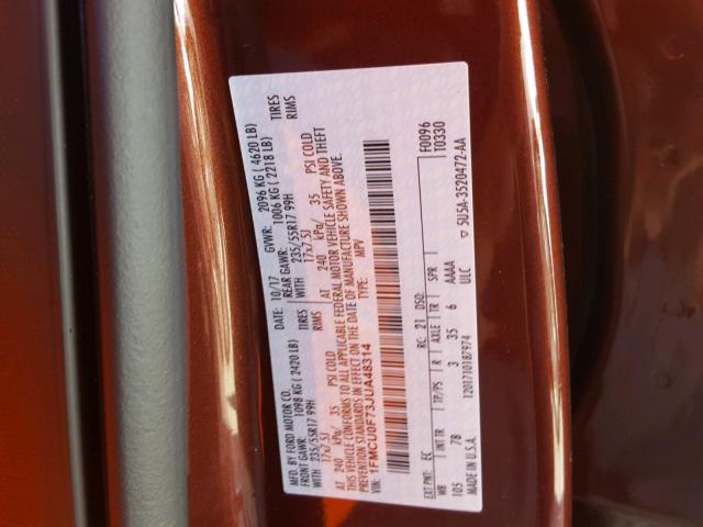 1FMCU0F73JUA48314 - 2018 FORD ESCAPE S BURGUNDY photo 10