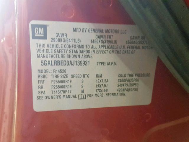 5GAER23718J224014 - 2008 BUICK ENCLAVE CX RED photo 10