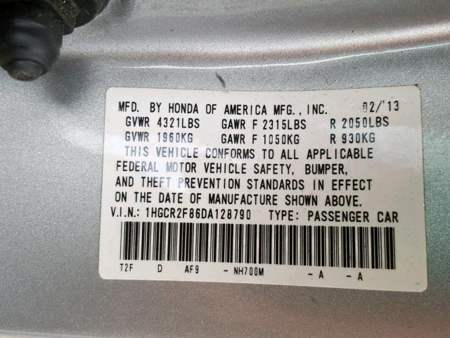 1HGCR2F86DA128790 - 2013 HONDA ACCORD EXL SILVER photo 10