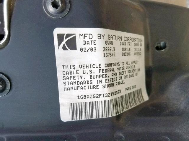 1G8AZ52F13Z152372 - 2003 SATURN ION LEVEL BLACK photo 10