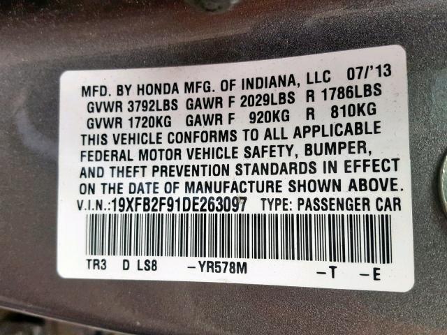 19XFB2F91DE263097 - 2013 HONDA CIVIC EXL 灰色 照片 10