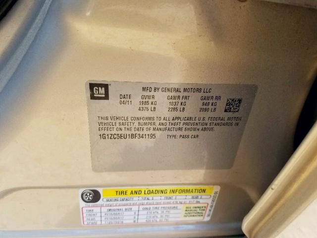 1G1ZC5EU1BF341195 - 2011 CHEVROLET MALIBU 1LT 银色 照片 10