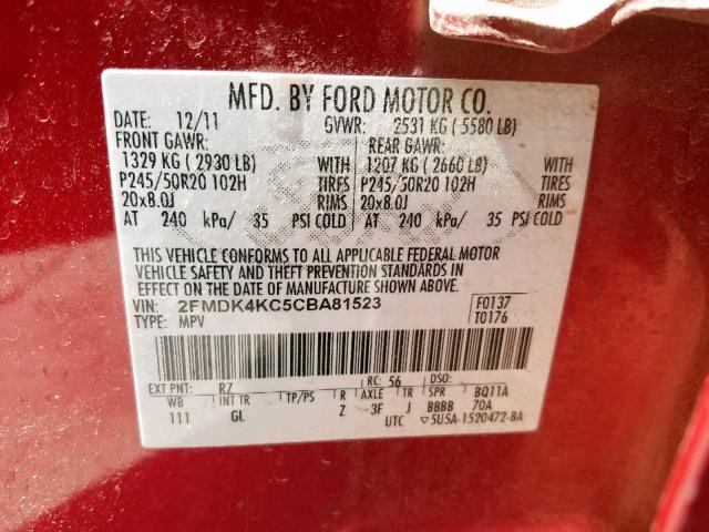 2FMDK4KC5CBA81523 - 2012 FORD EDGE LIMIT RED photo 10