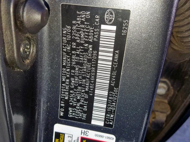 4T4BE46K69R117096 - 2009 TOYOTA CAMRY BASE GRAY photo 10