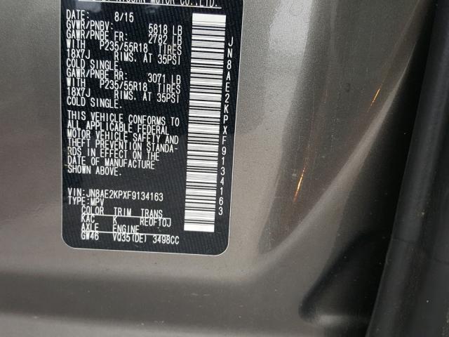 JN8AE2KPXF9134163 - 2015 NISSAN QUEST S GRAY photo 10