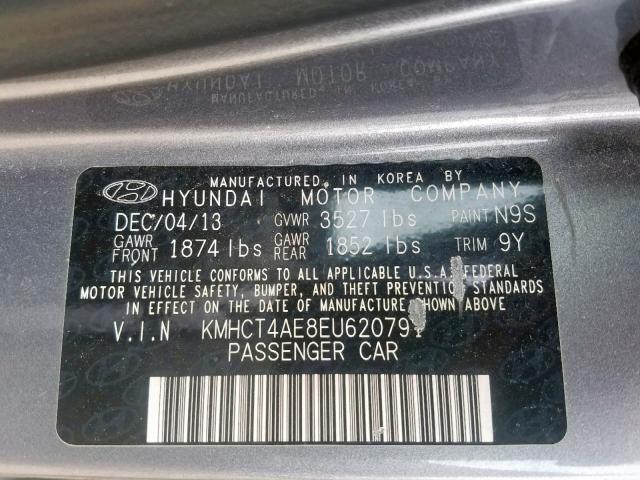 KMHCT4AE8EU620791 - 2014 HYUNDAI ACCENT GLS GRAY photo 10