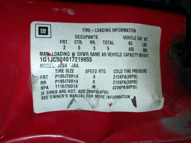 1G1JC524017219955 - 2001 CHEVROLET CAVALIER B RED photo 10