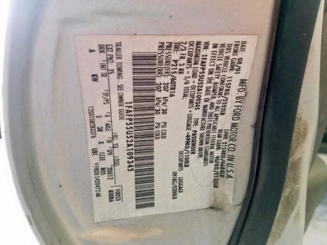 1FAFP55U52A109345 - 2002 FORD TAURUS SES SILVER photo 10