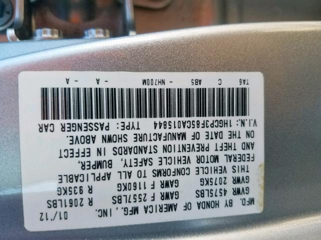 1HGCP3F85CA015844 - 2012 HONDA ACCORD EXL SILVER photo 10