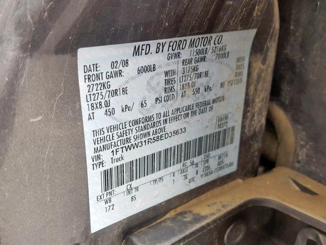 1FTWW31R58ED35633 - 2008 FORD F350 SRW S GRAY photo 10