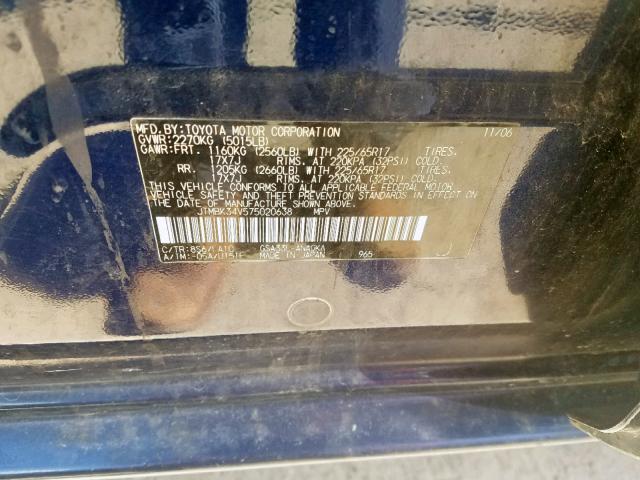 JTMBK34V575020638 - 2007 TOYOTA RAV4 LIMIT BLUE photo 10