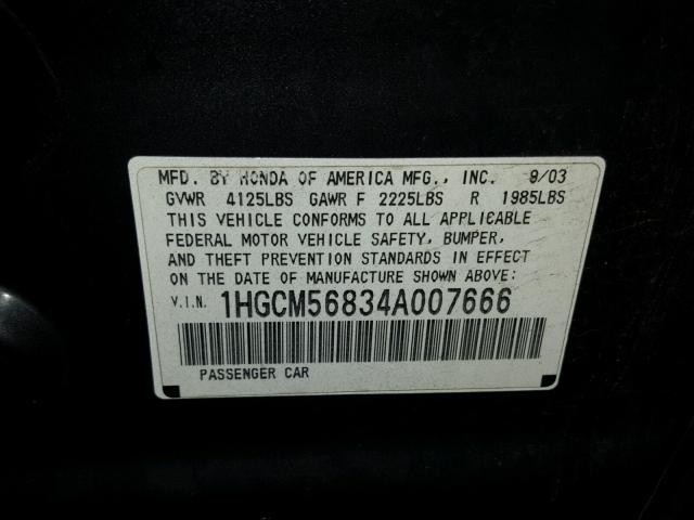 1HGCM56834A007666 - 2004 HONDA ACCORD EX BLACK photo 10