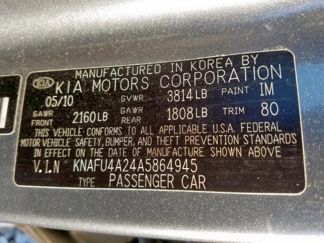 KNAFU4A24A5864945 - 2010 KIA FORTE EX GRAY photo 10