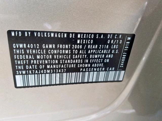 3VW1K7AJ4DM313437 - 2013 VOLKSWAGEN JETTA BASE 米色 照片 10