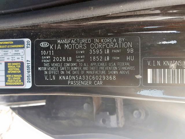 KNADN5A33C6029368 - 2012 KIA RIO EX BLACK photo 10