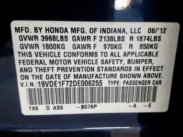 19VDE1F72DE006255 - 2013 ACURA ILX 20 TEC BLUE photo 10