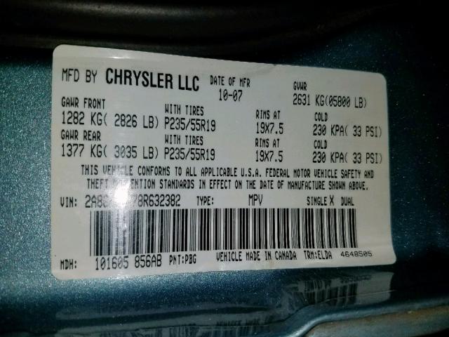 2A8GF78X78R632382 - 2008 CHRYSLER PACIFICA L TEAL photo 10