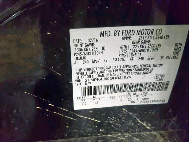 2FMPK4J90GBB31026 - 2016 FORD EDGE SEL BLACK photo 10