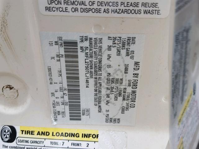 5LMFL27507LJ14614 - 2007 LINCOLN NAVIGATOR 白色 照片 10