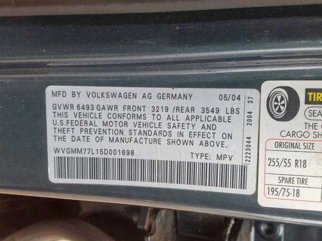 WVGMM77L15D001698 - 2005 VOLKSWAGEN TOUAREG 4. BLACK photo 10