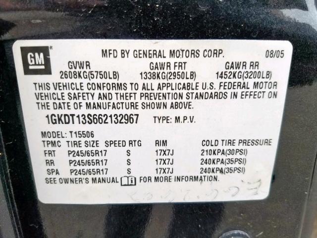 1GKDT13S662132967 - 2006 GMC ENVOY CHARCOAL photo 10