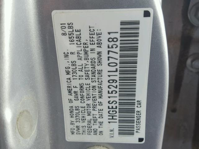 1HGES15291L077581 - 2001 HONDA CIVIC DX SILVER photo 10