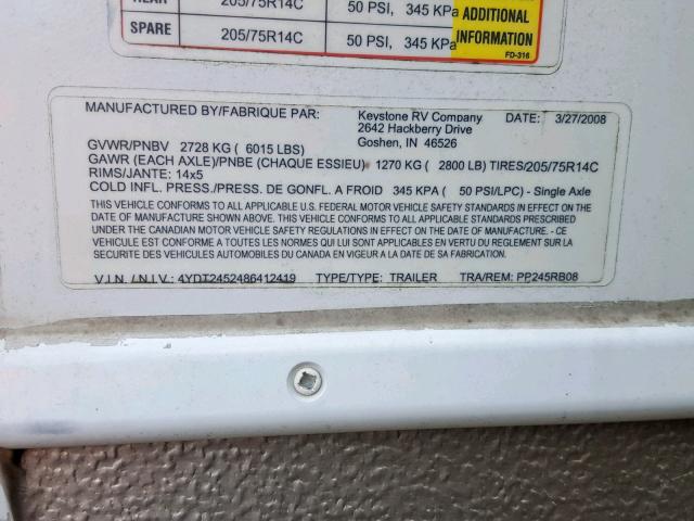 4YDT2452486412419 - 2008 KEYSTONE PASSPORT WHITE photo 10