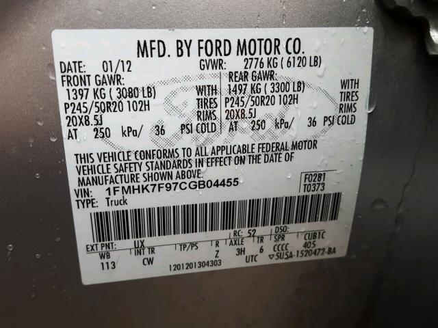 1FMHK7F97CGB04455 - 2012 FORD EXPLORER L SILVER photo 10