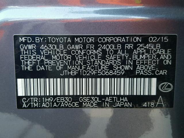 JTHBF1D29F5068459 - 2015 LEXUS IS 250 GRAY photo 10