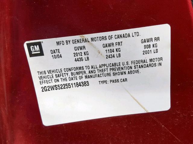 2G2WS522551184383 - 2005 PONTIAC GRAND PRIX MAROON photo 10